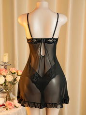 Back view of black sheer babydoll slip with ruffled hem - Chaotic Fashion