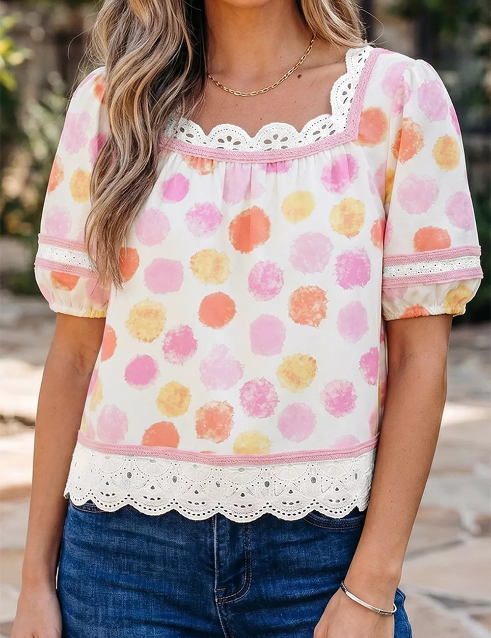 Women's polka dot blouse, square neck, puff sleeve