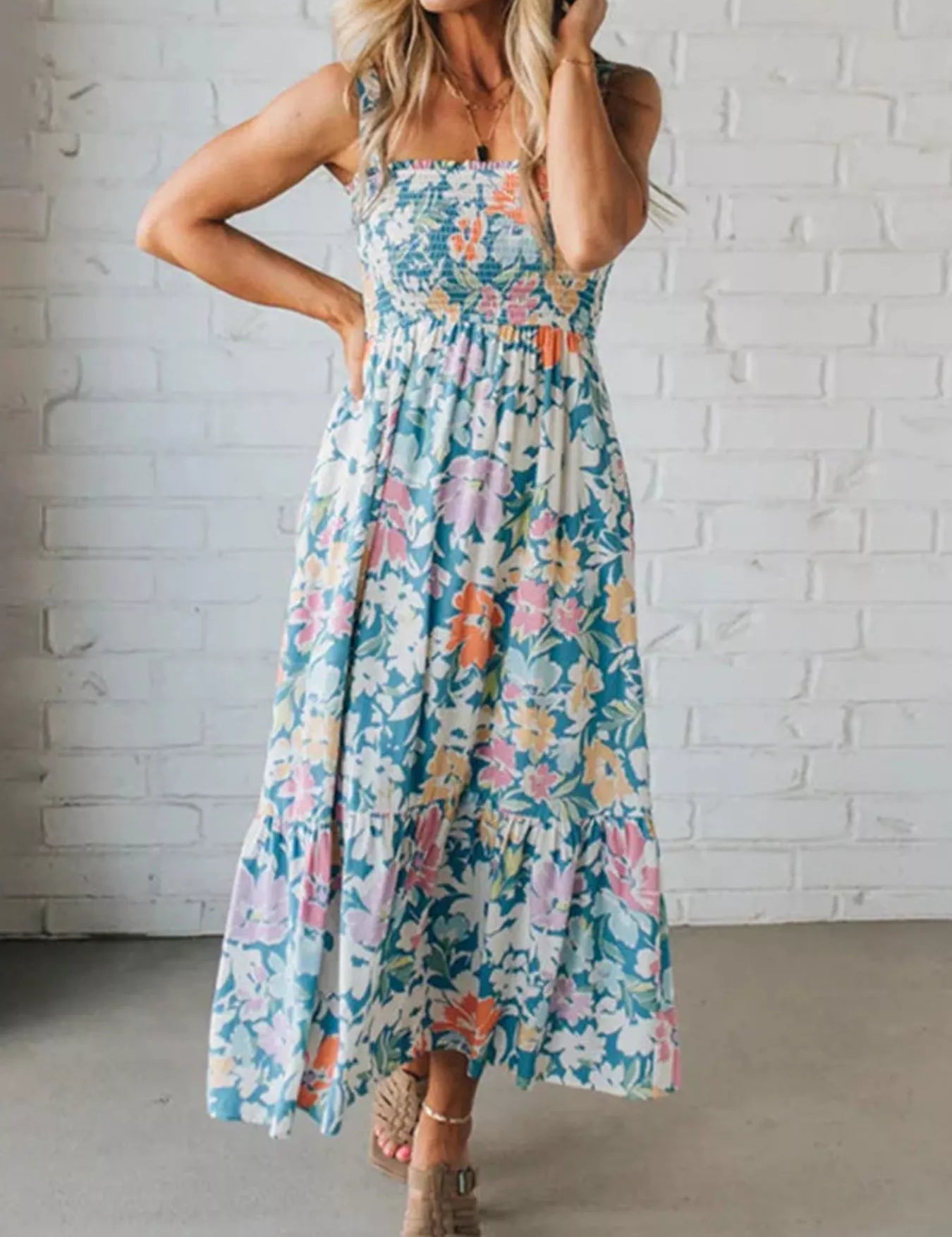Women's midi dress in floral, square neck
