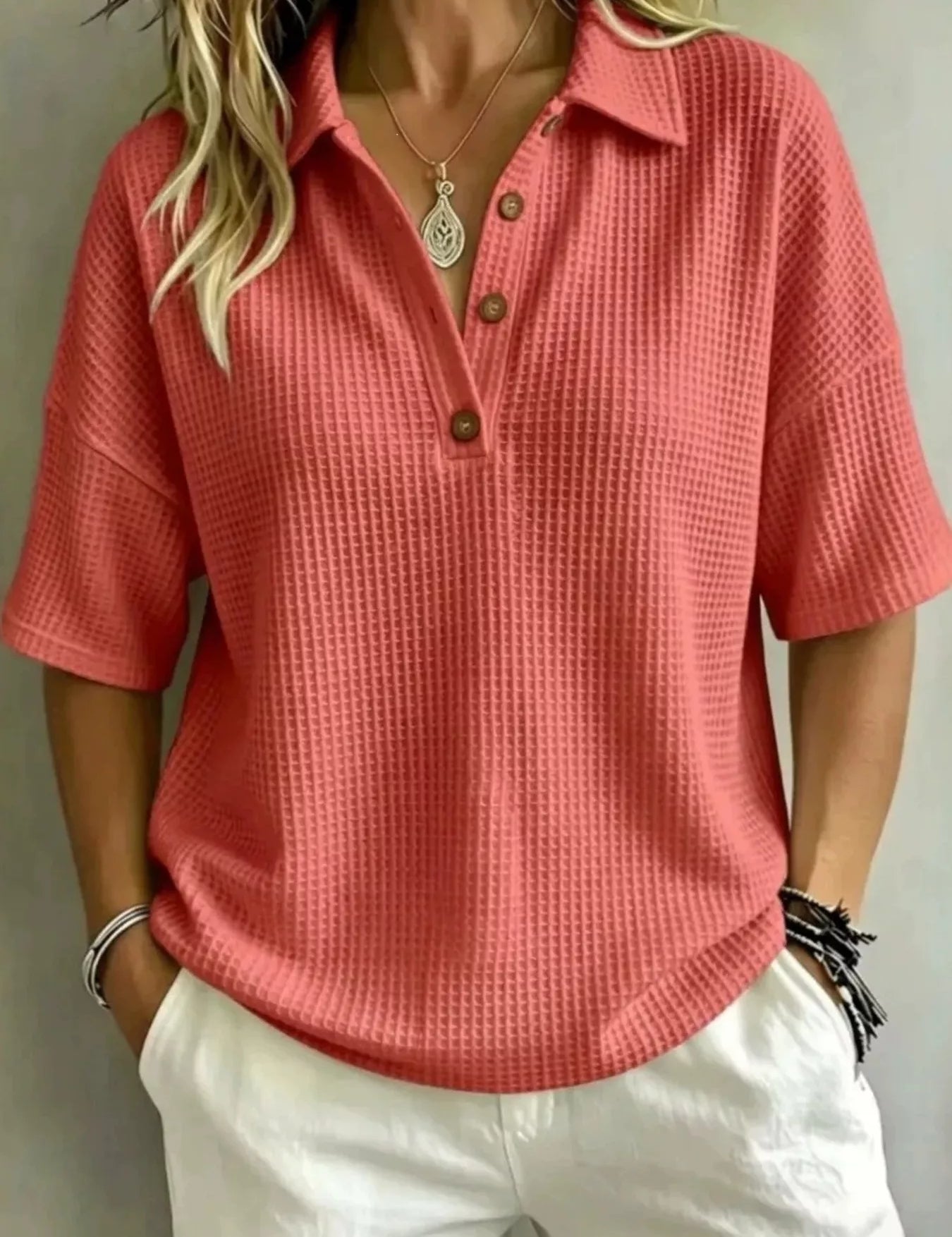 Women's Waffle Knit Polo – Smart-Casual Button Top – Chaotic Fashion