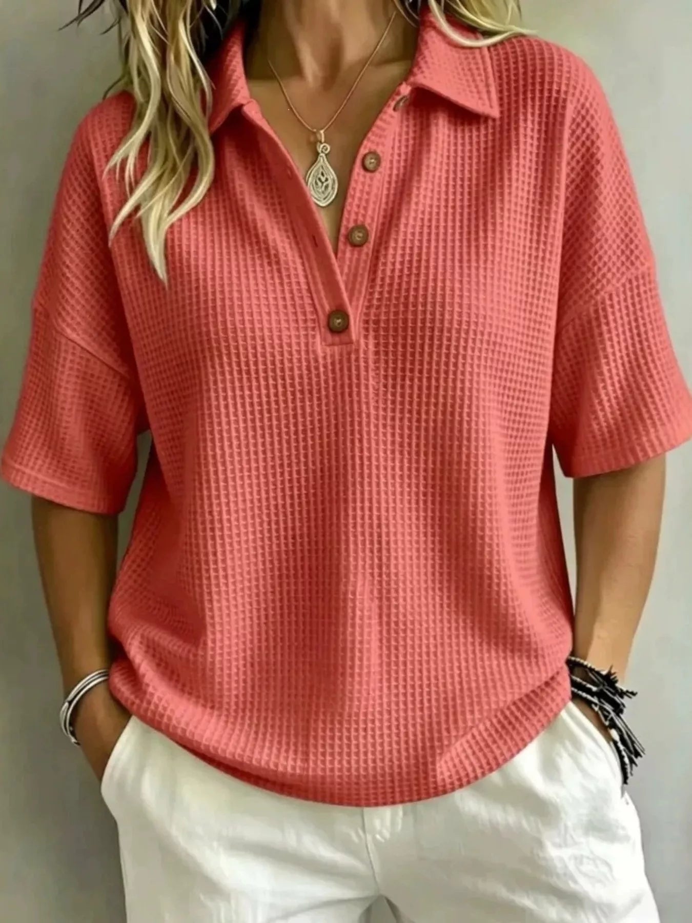 Women's Waffle Knit Polo – Smart-Casual Button Top – Chaotic Fashion