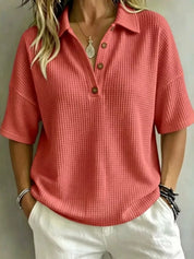 Women's Waffle Knit Polo – Smart-Casual Button Top – Chaotic Fashion