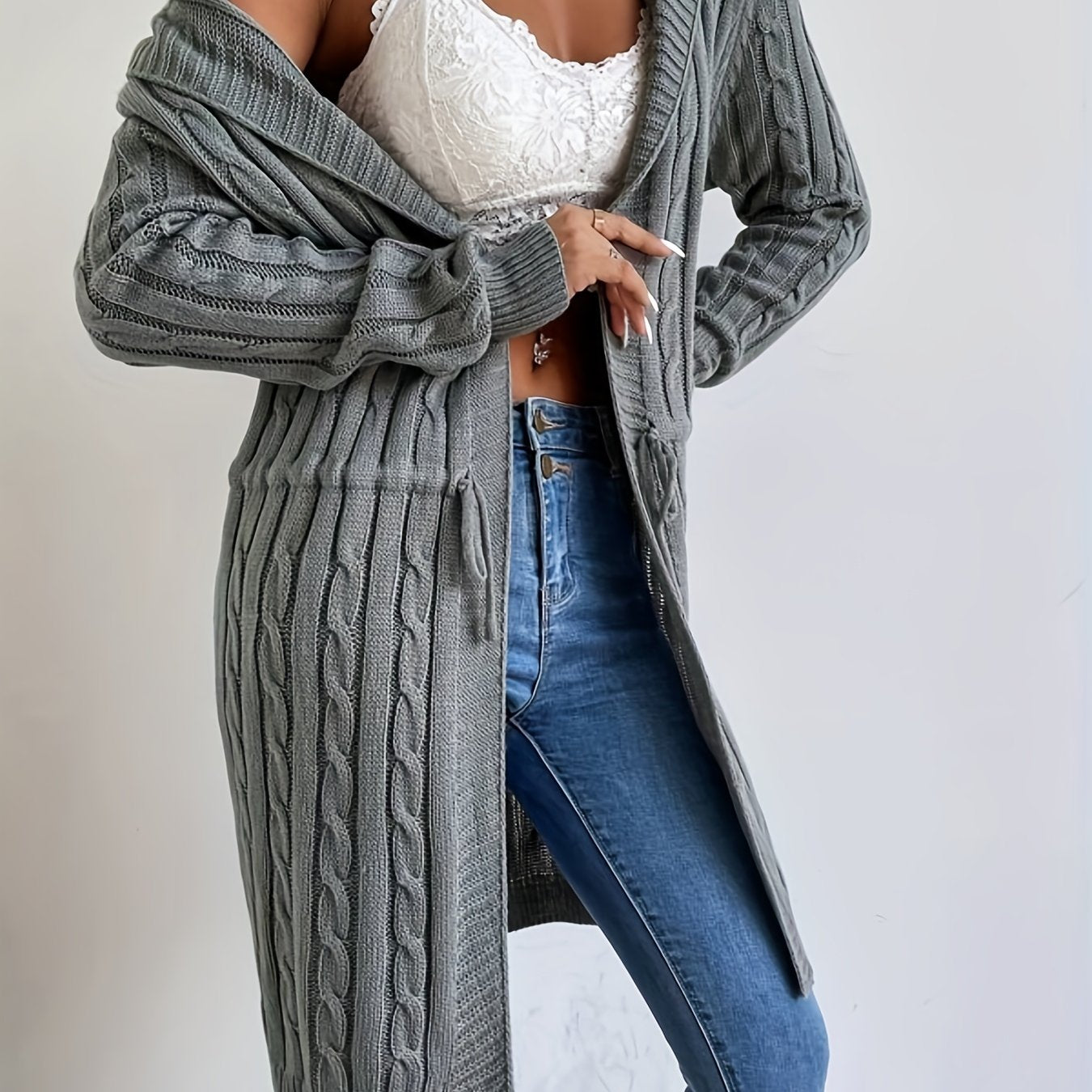 Women’s Long Knit Cardigan | V-Neck Hooded Drawstring Sweater for Fall & Winter