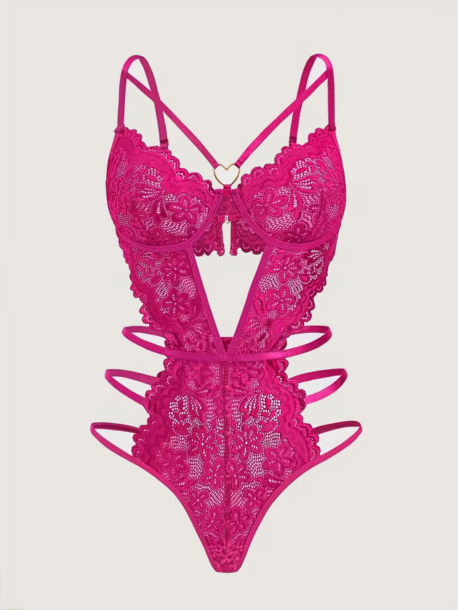 Magenta floral lace bodysuit, front view