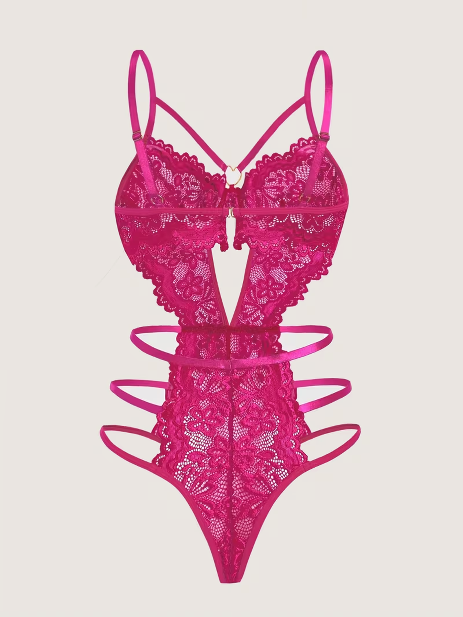 Magenta lace teddy bodysuit laid flat