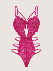 Magenta lace teddy bodysuit laid flat