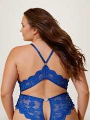 Back view of blue crotchless lace bodysuit showing crossed lace bands and open back - Chaotic Fashion
