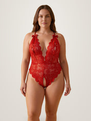 Red crotchless lace bodysuit on model - plus size sheer deep-V lingerie - Chaotic Fashion