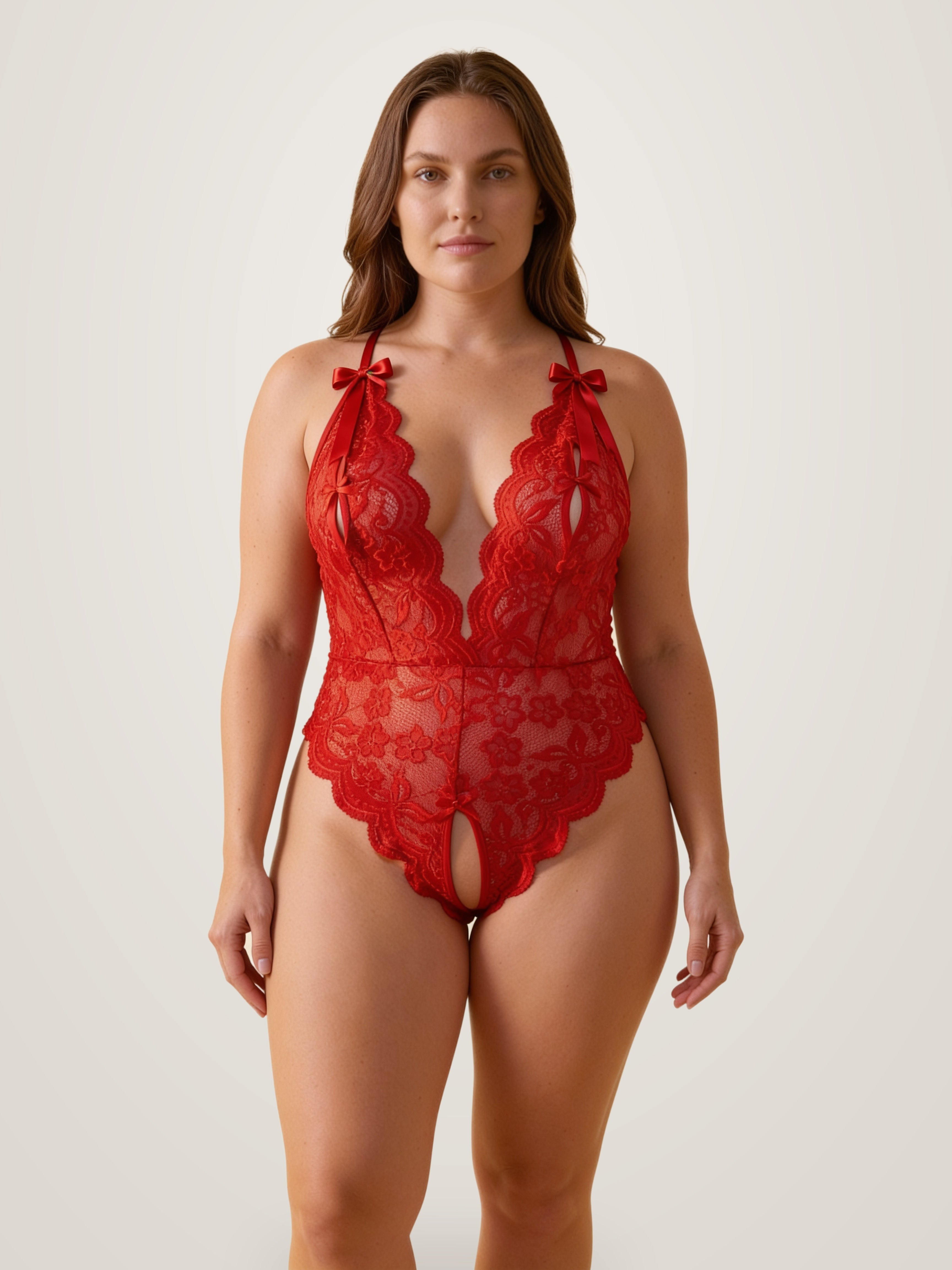 Red crotchless lace bodysuit on model - plus size sheer deep-V lingerie - Chaotic Fashion