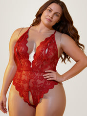Three-quarter view of red crotchless lace bodysuit on model - plus size sheer lingerie - Chaotic Fashion