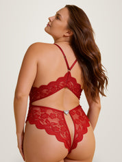 Back view of red crotchless lace bodysuit showing crossed lace bands and open back - Chaotic Fashion