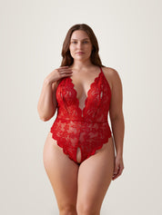 Full length view of red crotchless lace bodysuit on plus size model - sheer floral lace lingerie - Chaotic Fashion
