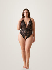 Full length view of black crotchless lace bodysuit on plus size model - sheer floral lace lingerie - Chaotic Fashion