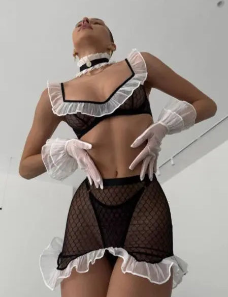 Sheer Maid Cosplay Lingerie – Transparent Full Maid Set for Women – Chaotic Fashion