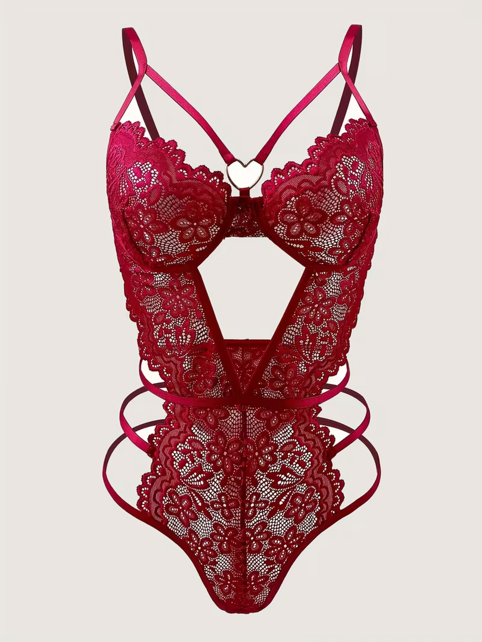 Red floral lace bodysuit, front view with gold heart ring
