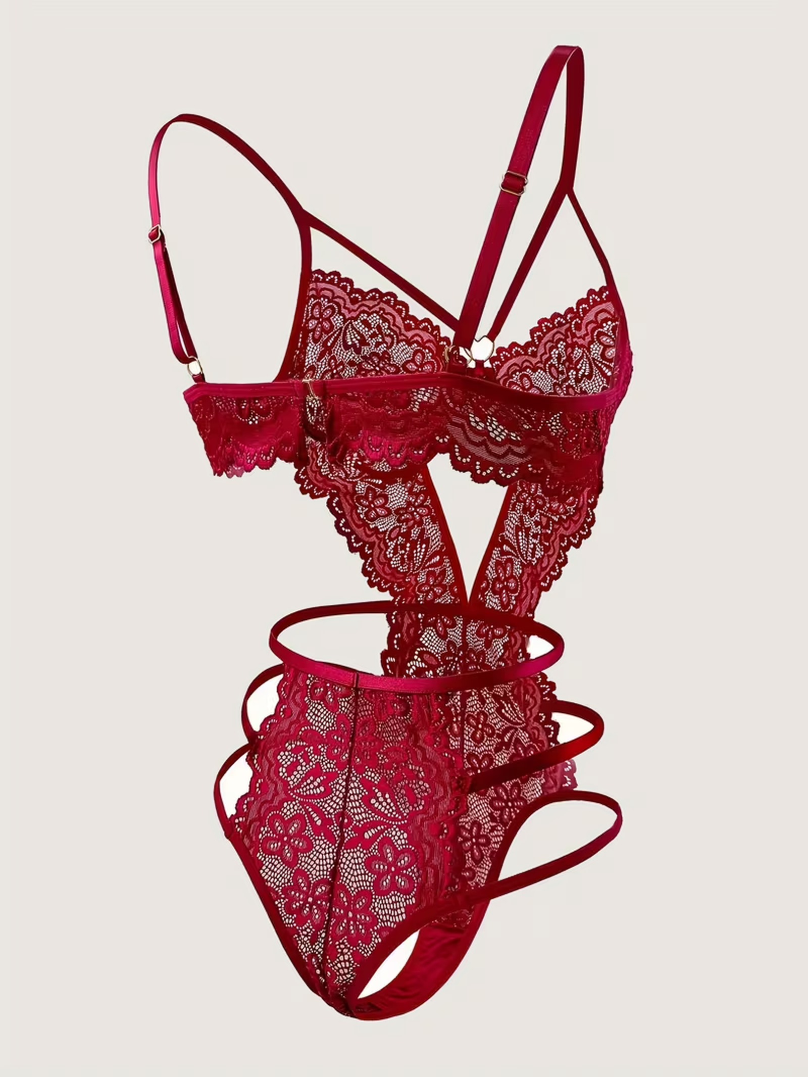 Red backless lace teddy at three-quarter angle