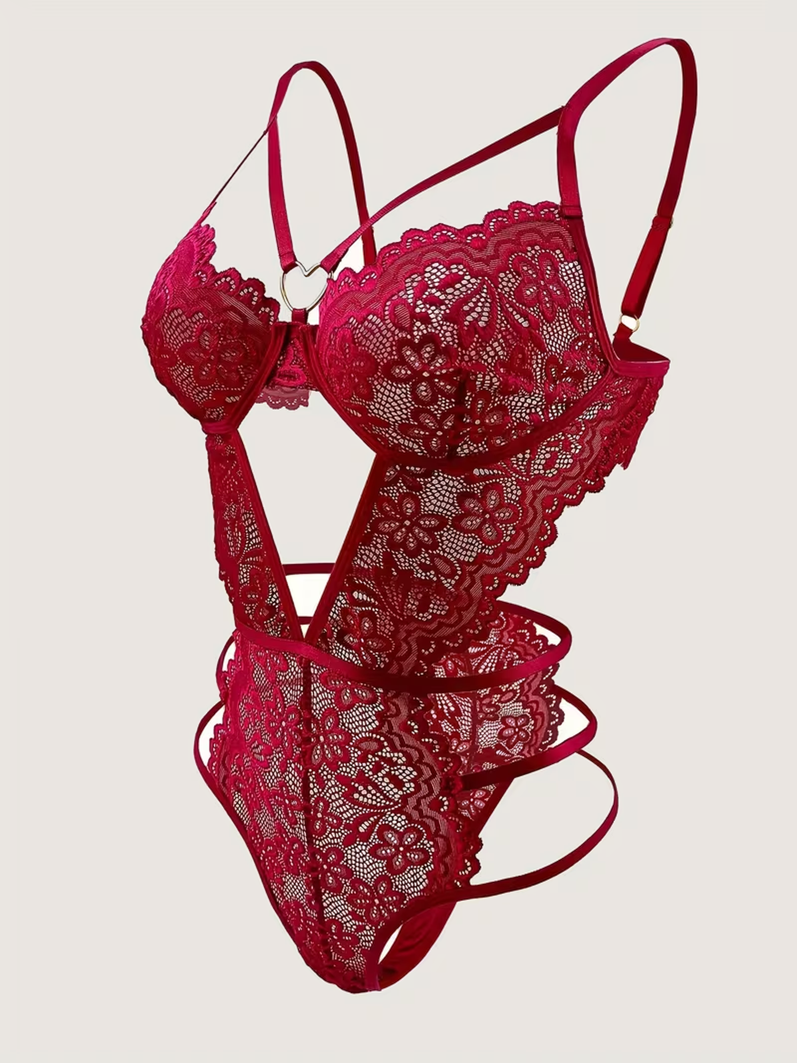 Red strappy lace bodysuit angled view